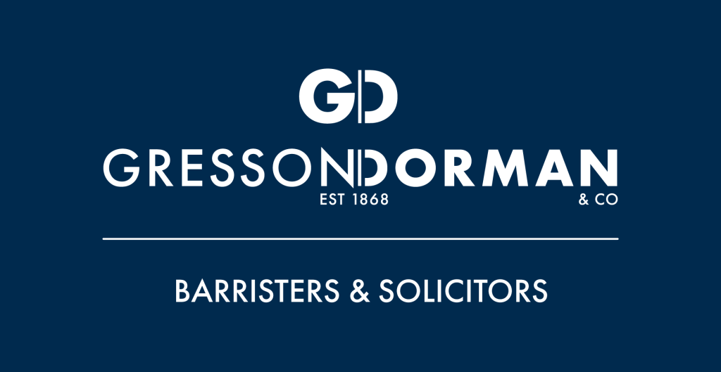 Gresson Dorman Logo – White Words Blue Background – Barristers & Solicitors